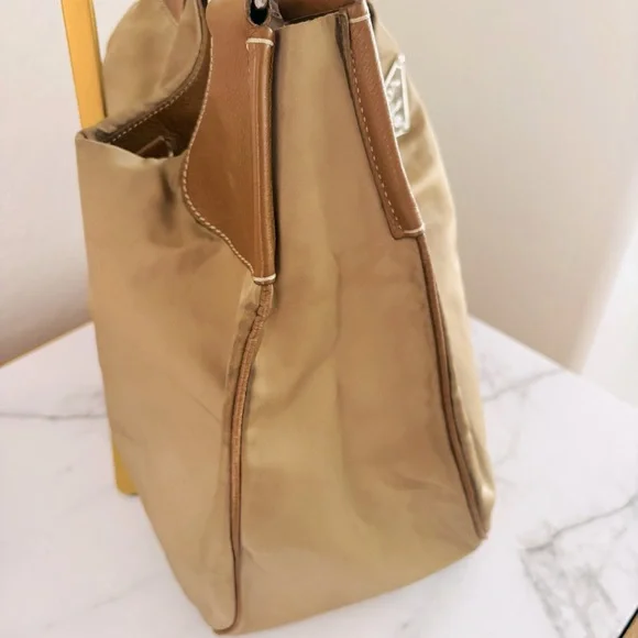 Prada Half Moon Hobo Bag Jumbo Logo Brown Tan Leather Nylon Designer Luxury COA - Picture 13 of 15